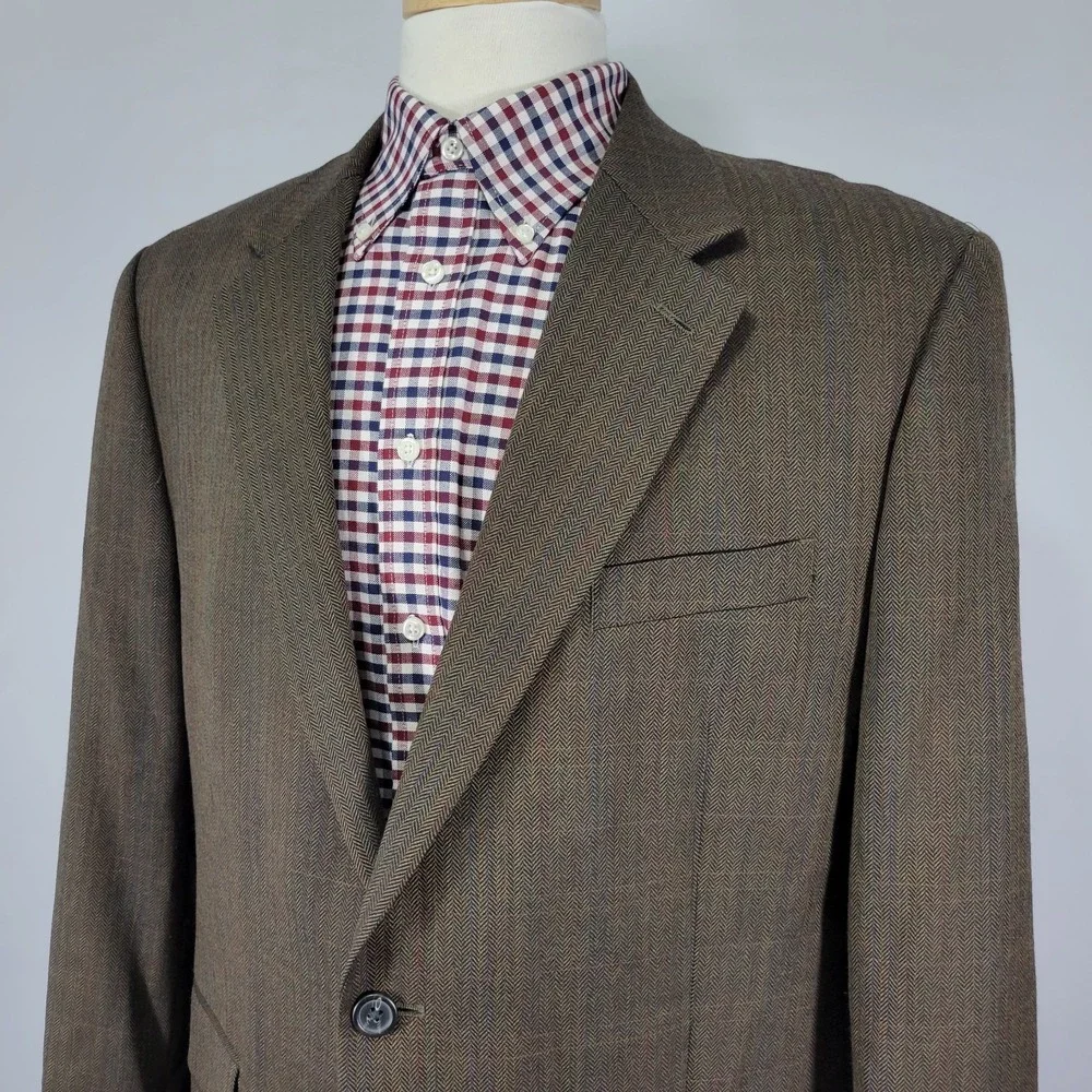 Izod Men's Sport‎ Coat Blazer Two Button Brown Herringbone Plaid Wool Size 44R